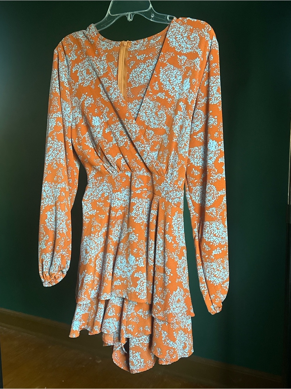 Orange Floral Wrap Romper with Long Sleeves